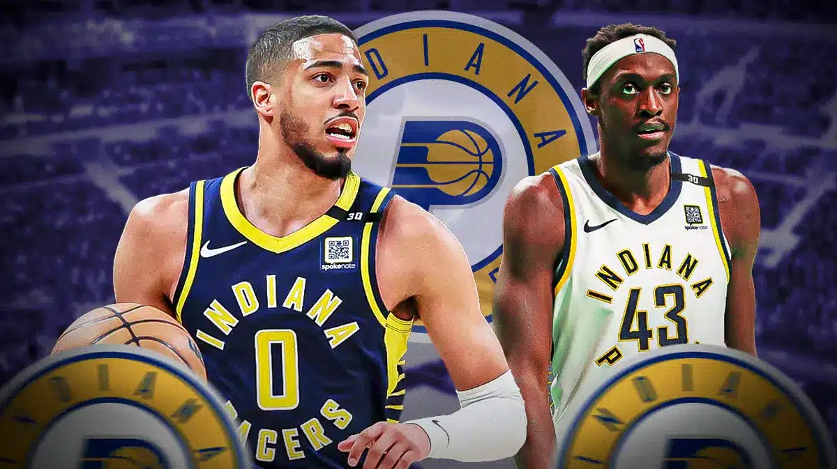 Pacers, Buddy Hield, Buddy Hield trade, NBA trade deadline, Pacers trade, Tyrese Haliburton and Pascal Siakam in Pacers unis with Pacers arena in the background