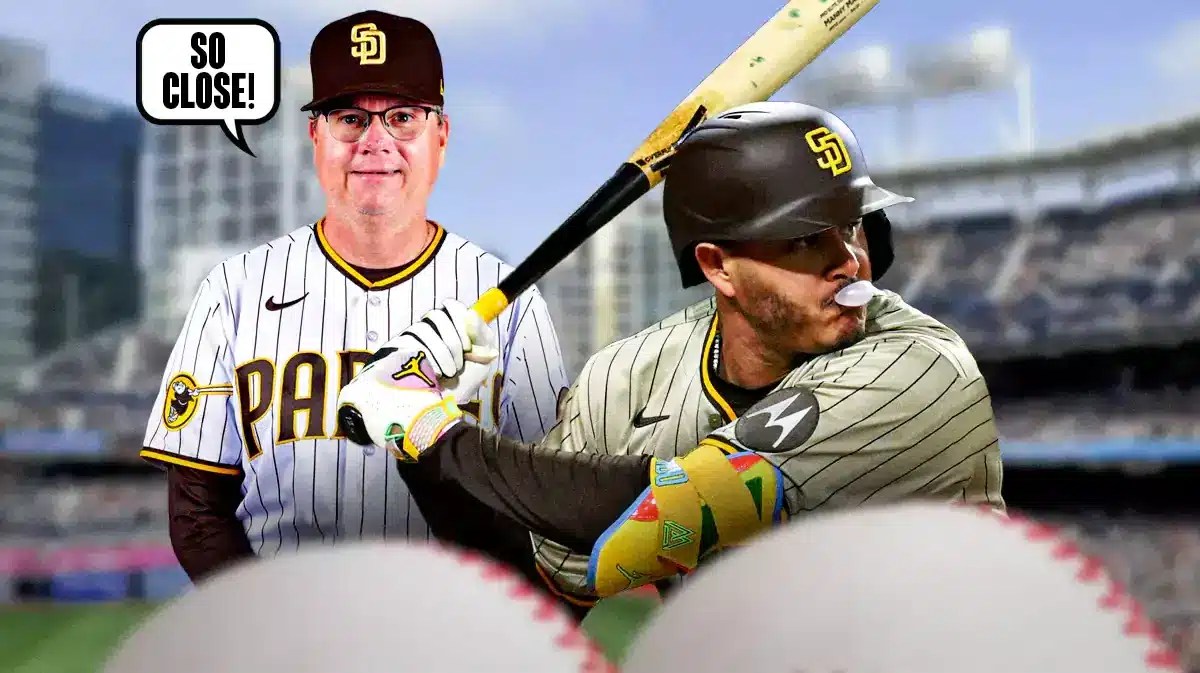 Manny Machado hitting, Mike Shildt next to him in Padres gear saying “So close!” (San Diego Padres)