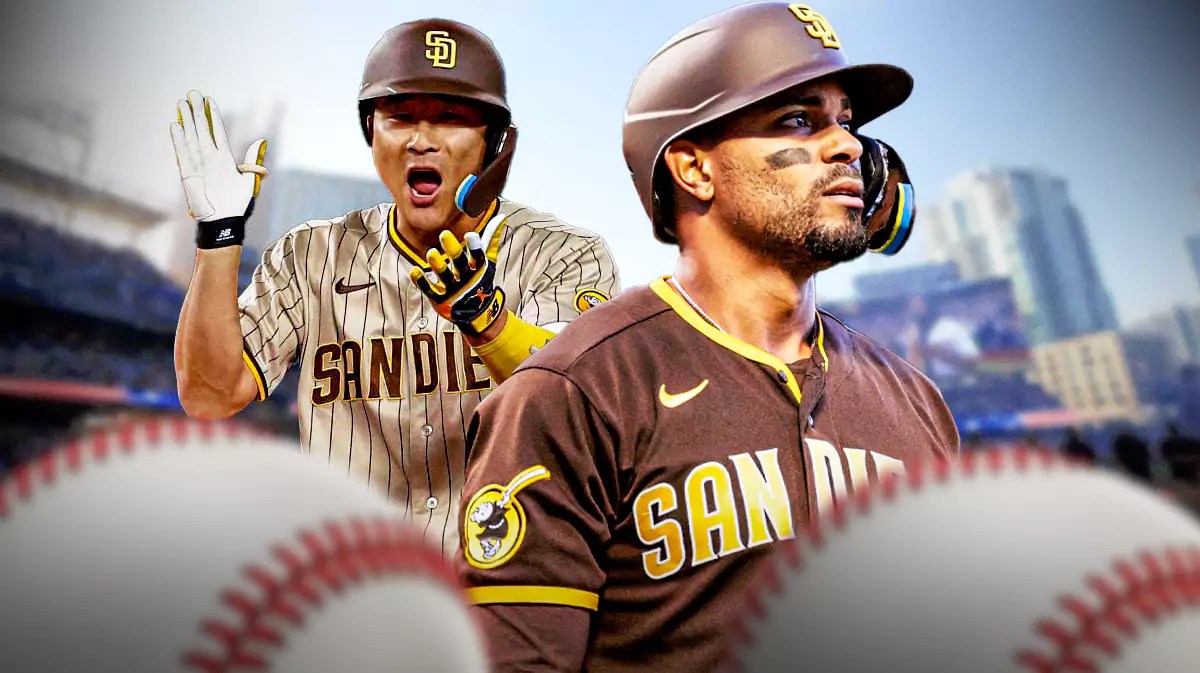 Padres, Ha-Seong Kim, Xander Bogaerts, Ha-Seong Kim Padres, Xander Bogaerts Padres, Xander Bogaerts and Ha-Seong Kim in Padres unis with Padres stadium in the background