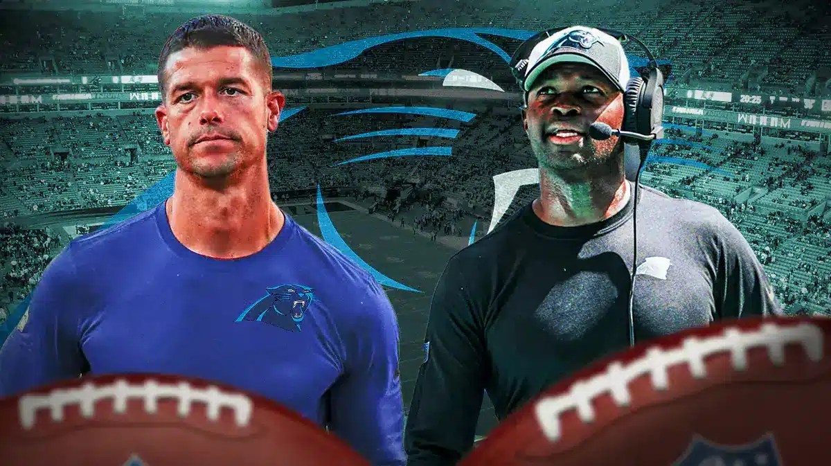 Panthers Dave Canales and Ejiro Evero next to a Panthers logo at Bank of America Stadium
