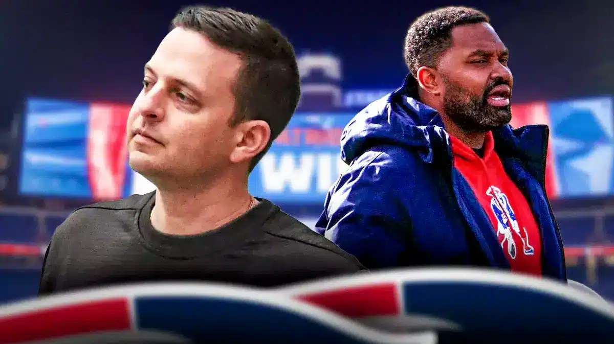 New England Patriots executive Eliot Wolf and head coach Jerod Mayo in front of Gillette Stadium.