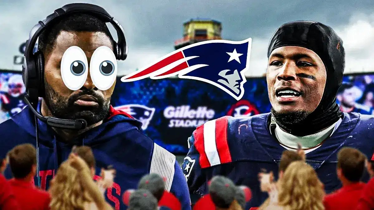 Jerod Mayo with emoji eyes looking at Tee Higgins in a Patriots uniform. Background is Foxboro Stadium