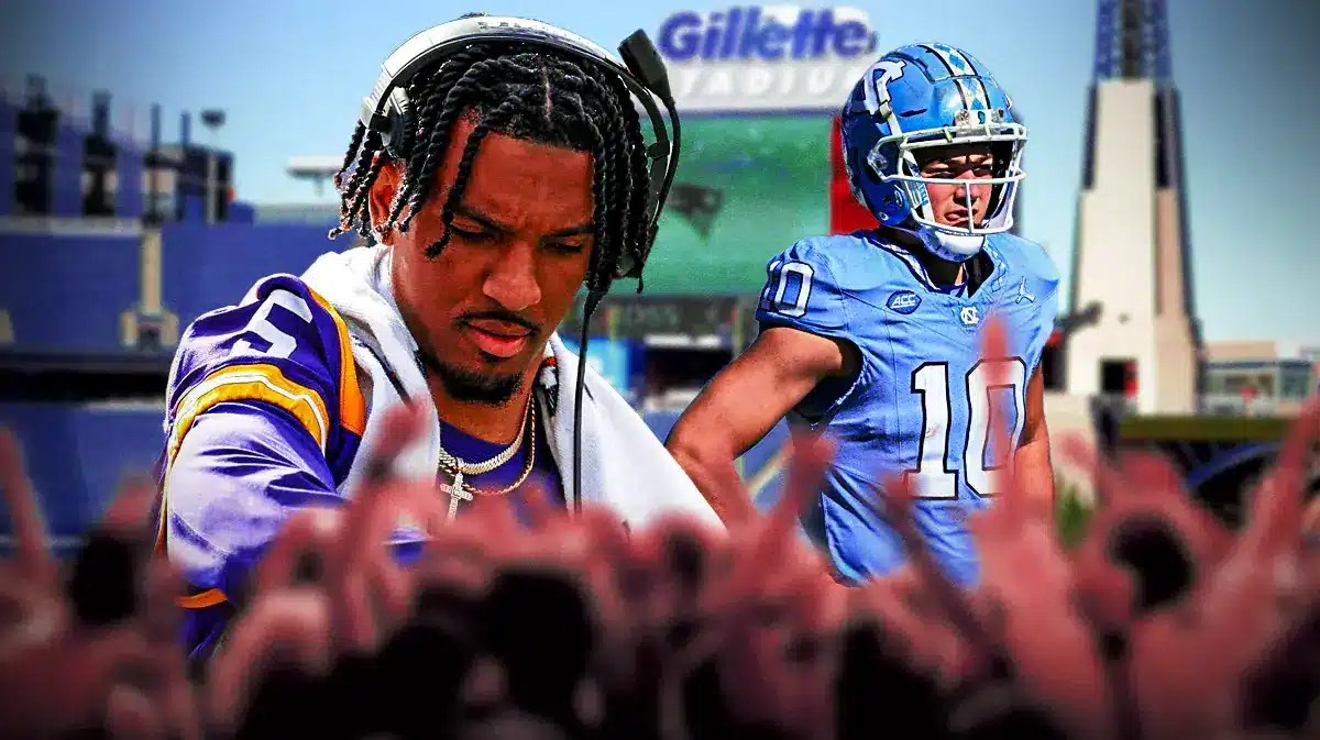 Jayden Daniels, Drake Maye. Gillette Stadium in background