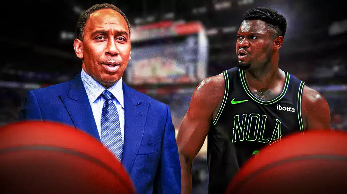 Pelicans, Stephan A. Smith, Zion Williamson, Zion Williamson Pelicans, Zion Williamson Stephan A. Smith, Stephan A. Smith and Zion Williamson with Pelicans arena in the background