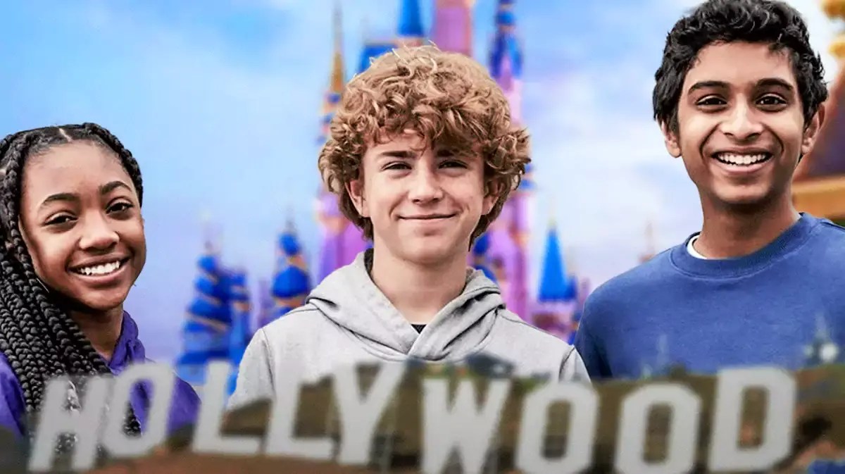 Percy Jackson and the Olympians cast Leah Sava Jeffries, Walker Scobell, and Aryan Simhadri with Disney World background.