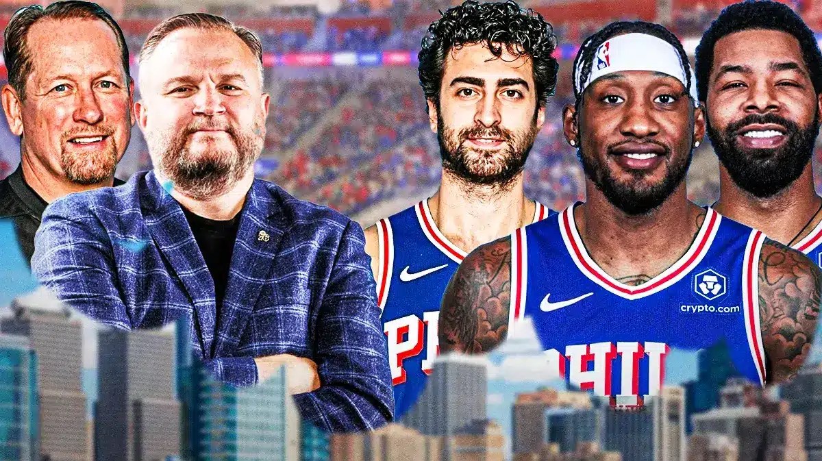76ers' Nick Nurse, Daryl Morey, Furkan Korkmaz, Robert Covington and Marcus Morris