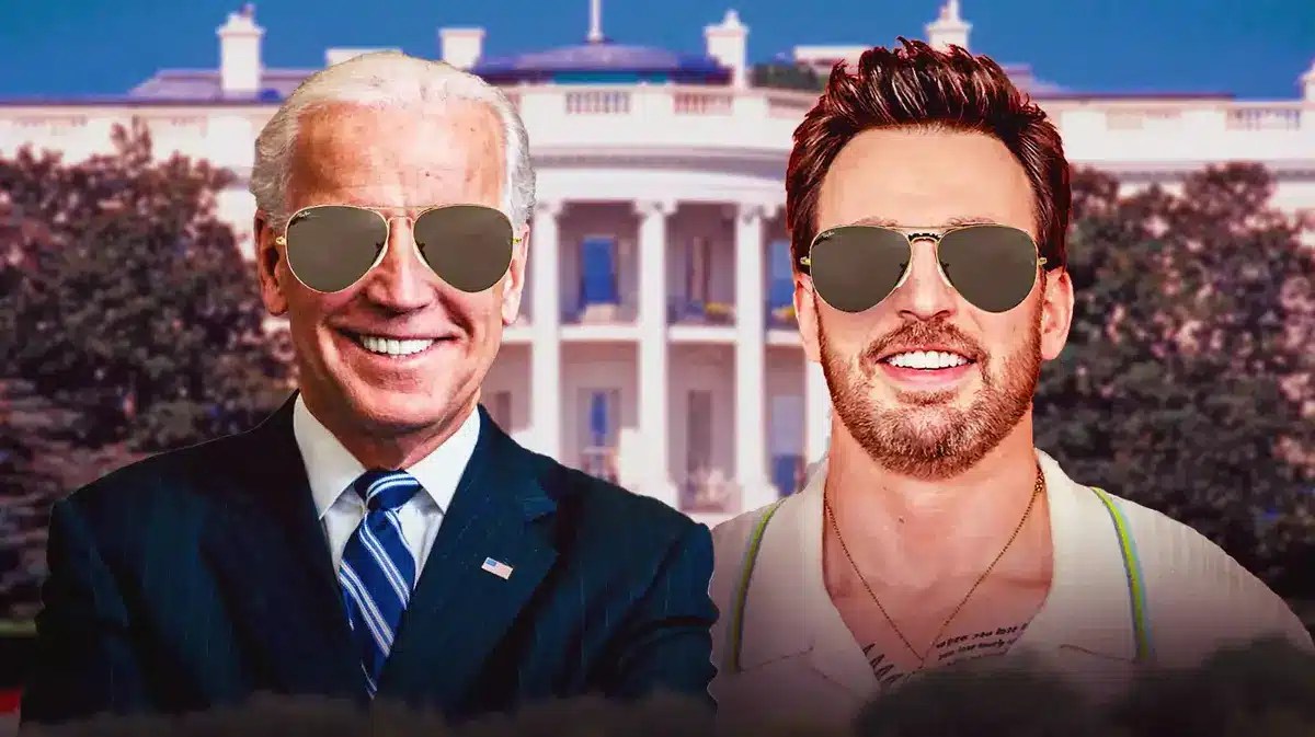President Joe Biden and Chris Evans, background: The White House