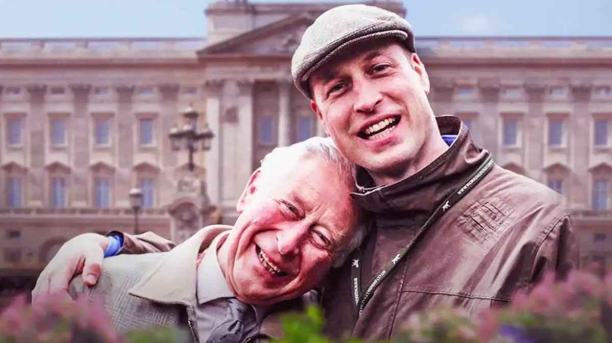 Prince William and King Charles with mansion behind them