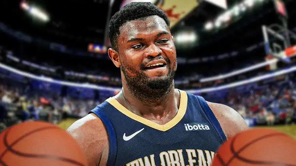 Zion Williamson in middle of image looking hopeful, NO Pelicans logo, basketball court in background