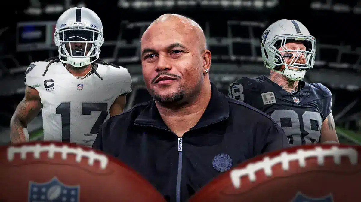 Las Vegas Raiders head coach Antonio Pierce in the middle of stars Davante Adams and Maxx Crosby in front of Allegiant Stadium.