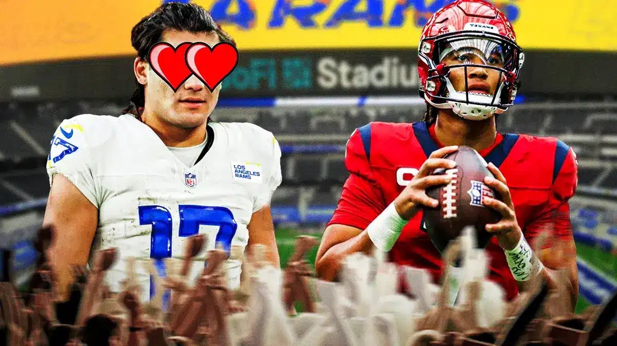Puka Nacua with heart eyes looking at CJ Stroud