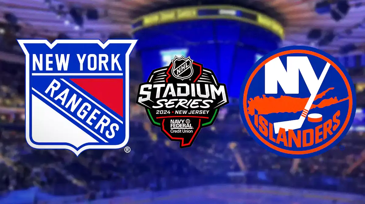 NY Rangers and NY Islanders logos, 2024 Stadium Series logo, MetLife Stadium in background