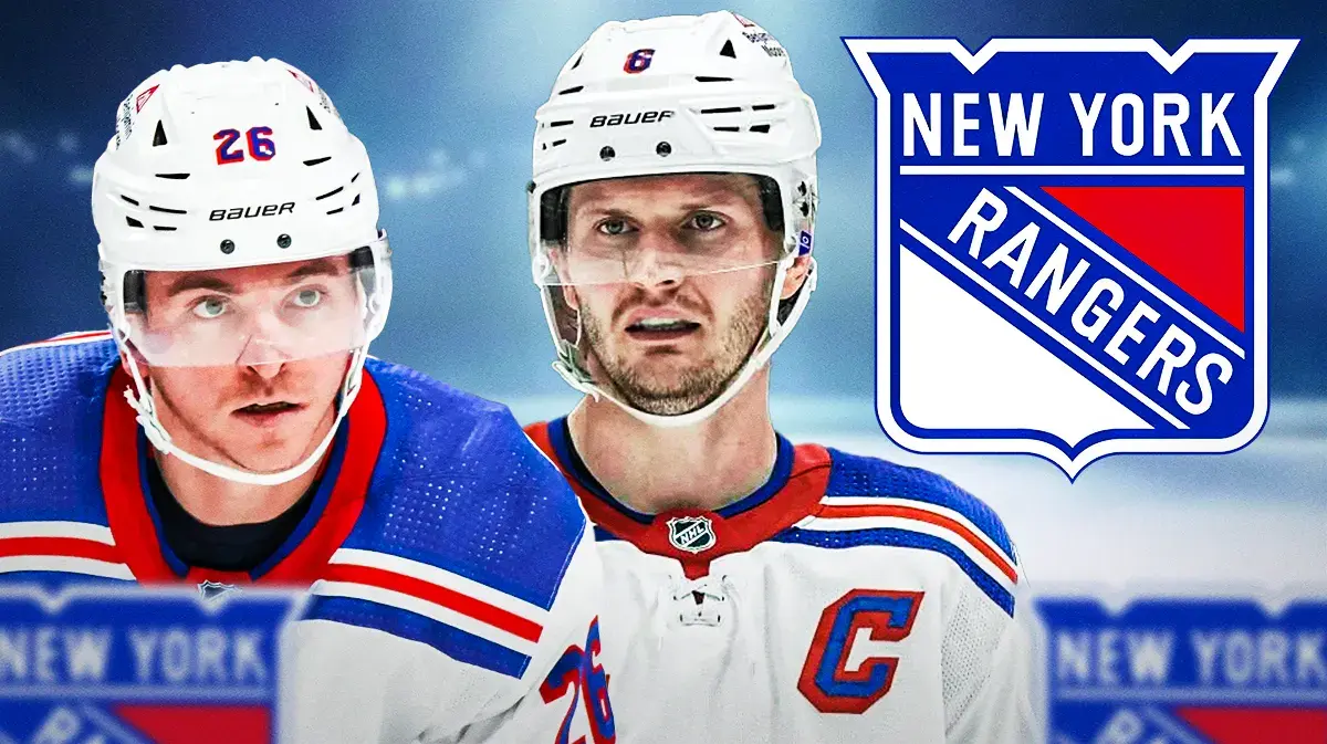 Jimmy Vesey and Jacob Trouba looking concerned, NY Rangers logo, hockey rink in background
