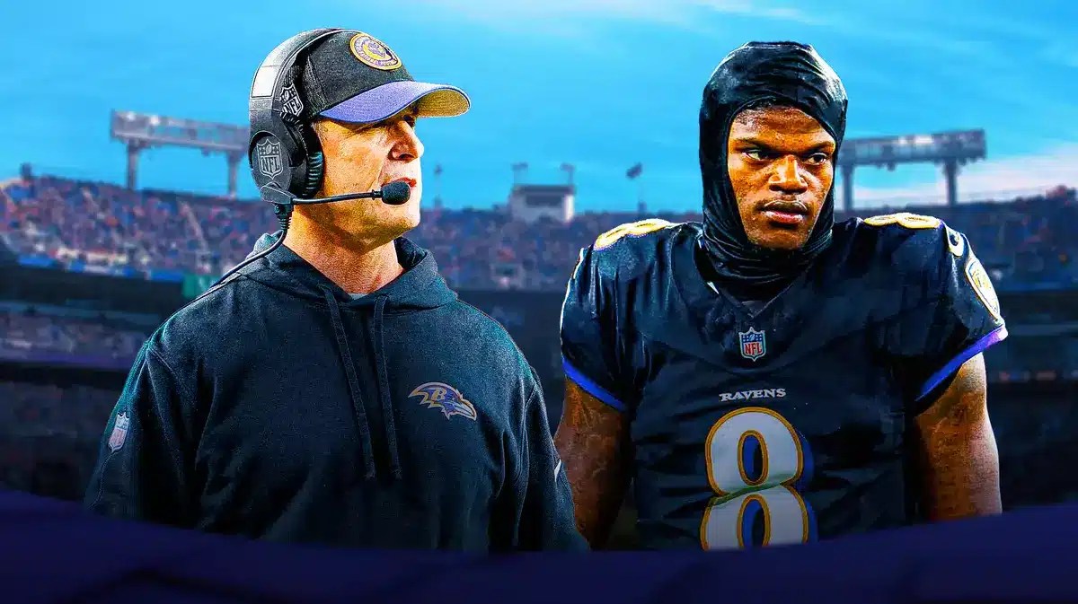 Lamar Jackson in Baltimore Ravens jersey, John Harbaugh in Ravens coaching uniform