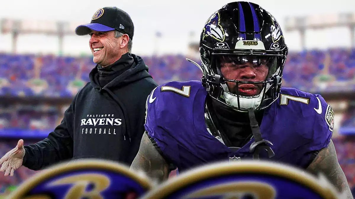 Ravens, John Harbaugh, Rashod Bateman, Rashod Bateman Ravens, John Harbaugh Ravens, Rashod Bateman and John Harbaugh with Ravens stadium in the background