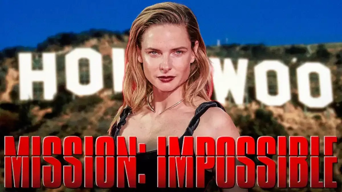 Rebecca Ferguson with Mission: Impossible logo.