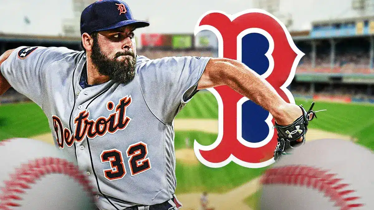 Tigers' Michael Fulmer pitching a baseball on left, Red Sox’s logo on right.