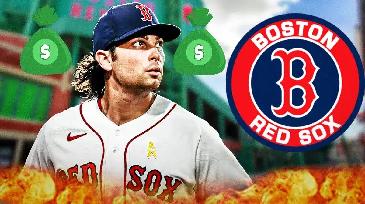Triston Casas next to a Red Sox logo and moneybags at Fenway Park