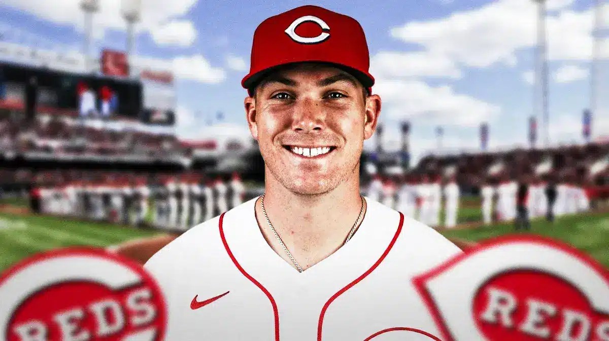 Cincinnati Reds star Tyler Stephenson in front of Great American Ballpark.