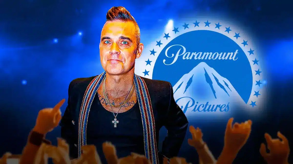 Robbie Williams with a Paramount logo.