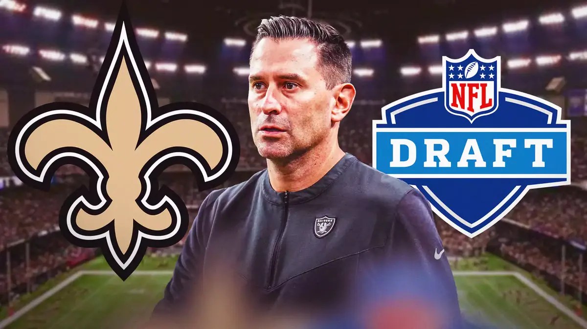 Old Raiders GM Dave Ziegler stands next to Saints and 2024 NFL Draft logos