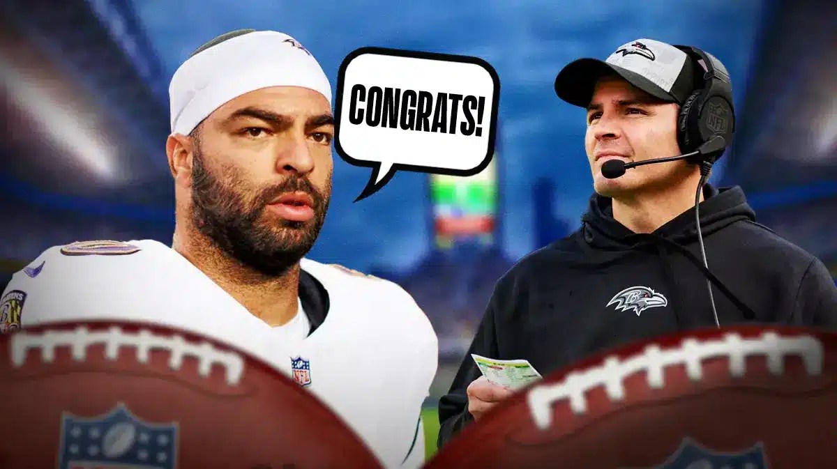 Kyle Van Noy saying “Congrats!” to Mike Macdonald in Seahawks gear