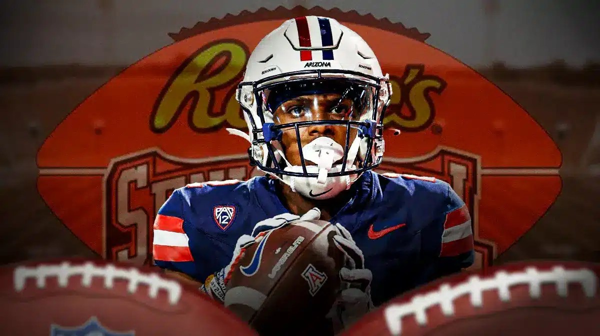 Arizona WR Jacob Cowing with a Senior Bowl logo in back.