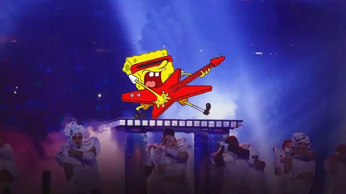SpongeBob SquarePants playing a guitar on stage.