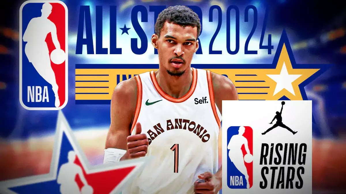 Spurs Victor Wembanyama next to the 2024 NBA All Star logo and 2024 NBA Rising Star Game logo