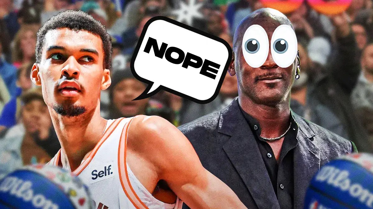 Victor Wembanyama on one side with a speech bubble that says “Nope” Michael Jordan on the other side with the big eyes emoji over his face