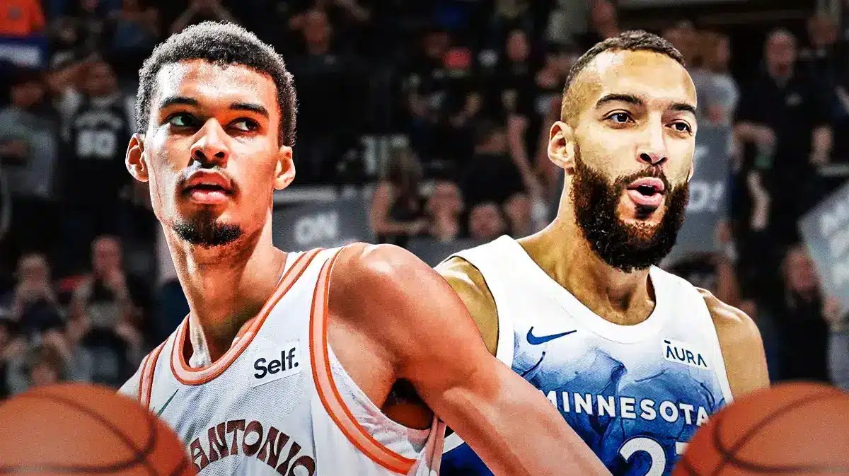Spurs Victor Wembanyama looking sad next to Timberwolves Rudy Gobert looking happy