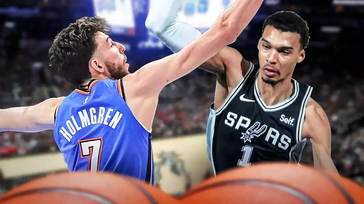 Spurs Victor Wembanyama dunking over Thunder Chet Holmgren.