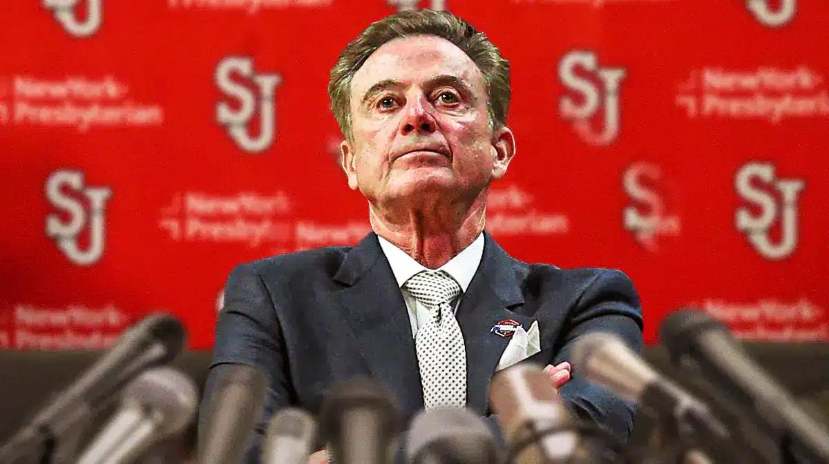 St. John's basketball coach Rick Pitino talking to reporters.