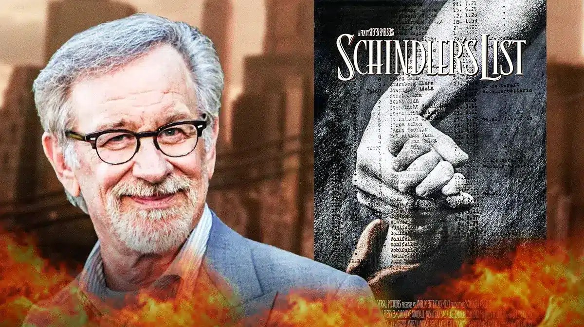 Steven Spielberg next to Schindler's List poster.