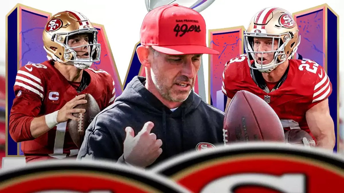 49ers Brock Purdy, Kyle Shanahan, Christian McCaffrey, with the Super Bowl 58 logo behind them