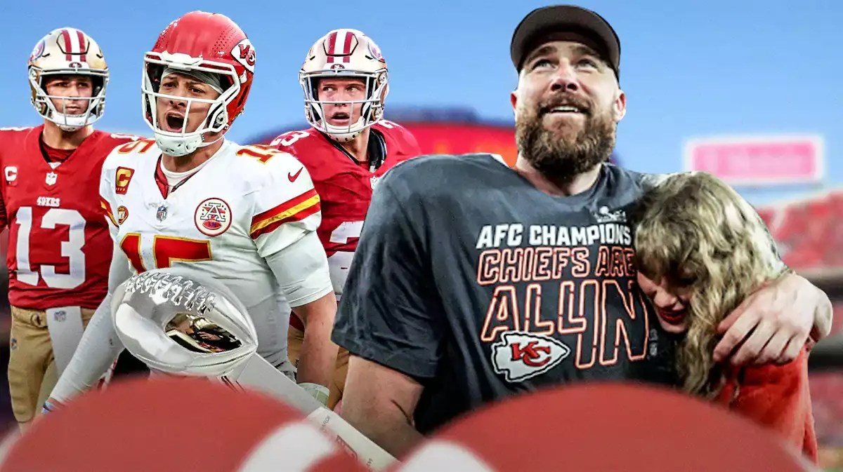 49ers Brock Purdy and Christian McCaffrey, with Chiefs Patrick Mahomes, Travis Kelce with Taylor Swift, with Lombardi trophy