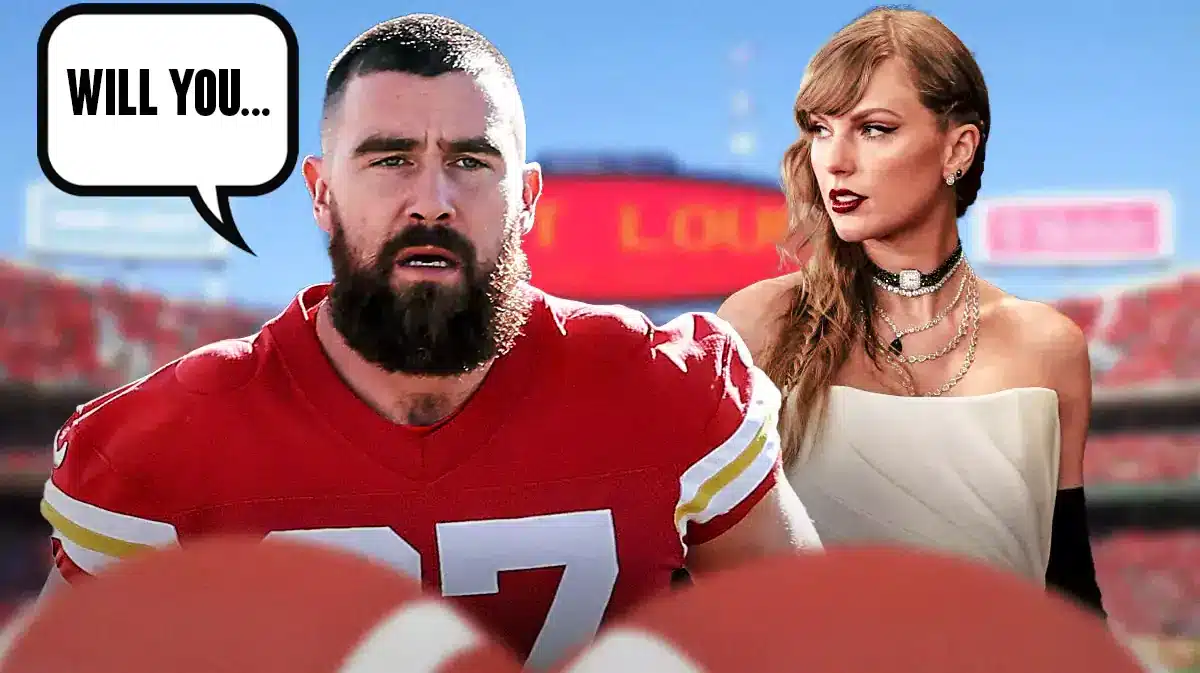 Travis Kelce asking Taylor Swift, "Will you..." at Super Bowl 58