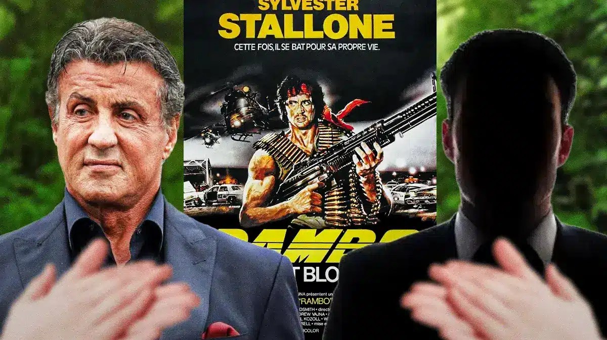A poster for First Blood in between Sylvester Stallone and a male silhouette