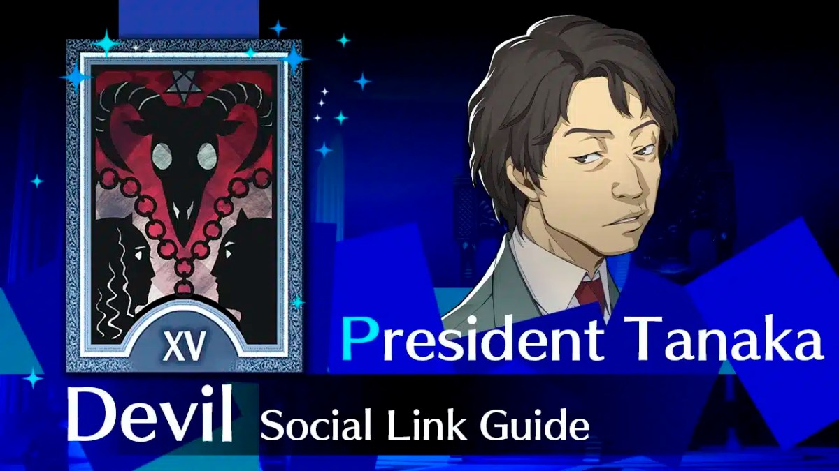 tanaka reload, tanaka, tanaka social link, tanaka persona 3 reload, tanaka guide reload, a picture of tanaka with their arcana to the left and the words devil social link guide below