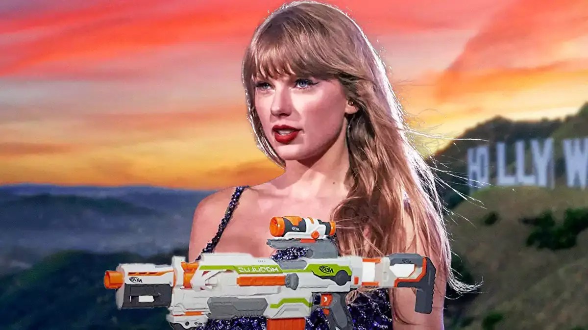 Taylor Swift with a nerf gun
