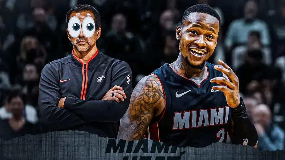 Heat's Erik Spoelstra with emoji eyes next to Terry Rozier