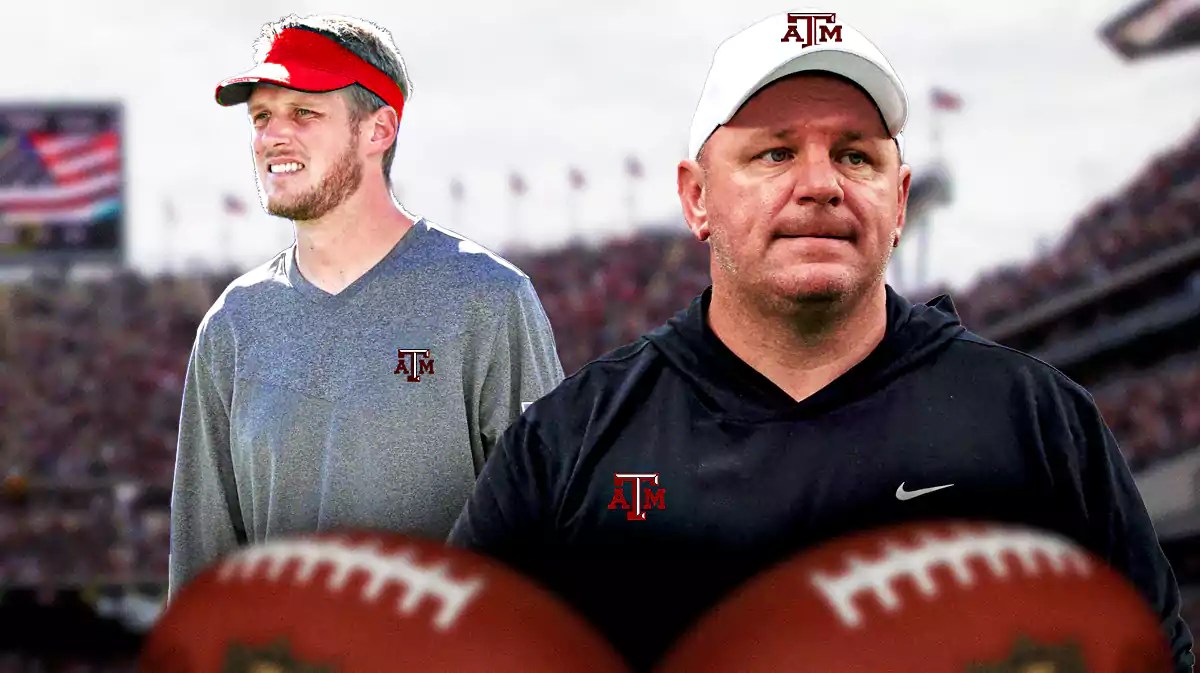 Texas A&M football, Aggies, Mike Elko, Collin Klein, Mike Elko Texas A&M, Mike Elko and Collin Klein in Texas A&M gear with Texas A&M football stadium in the background