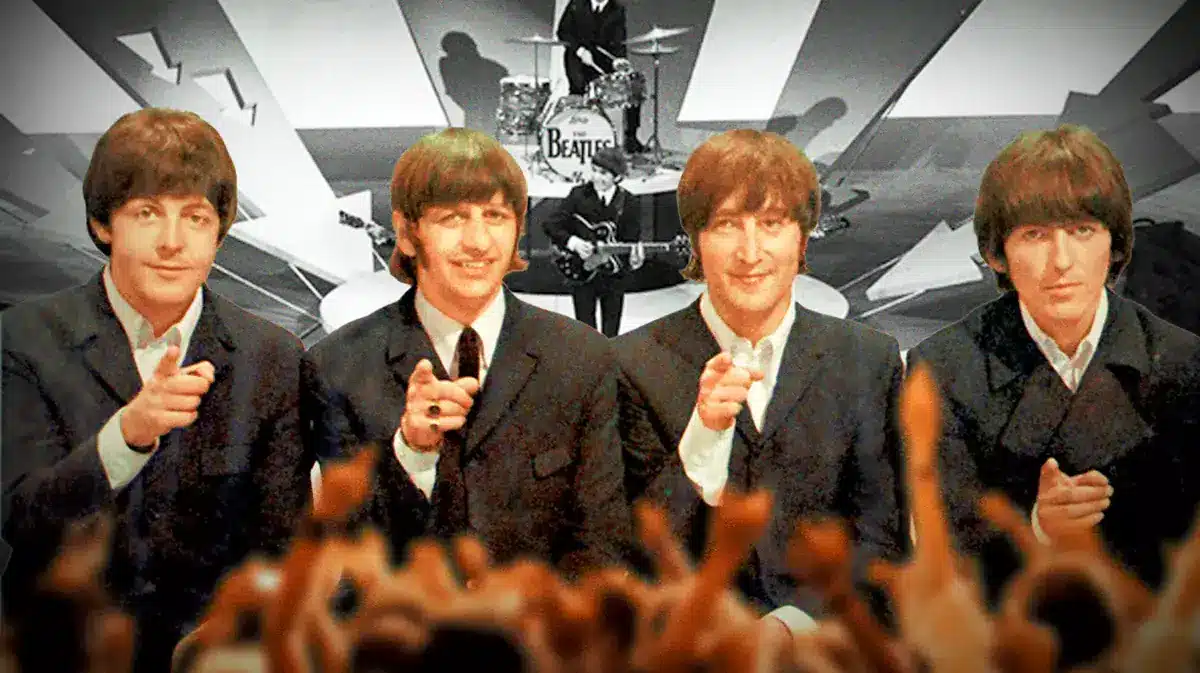 The Beatles Paul McCartney, Ringo Starr, John Lennon, and George Harrison with Ed Sullivan Show background.