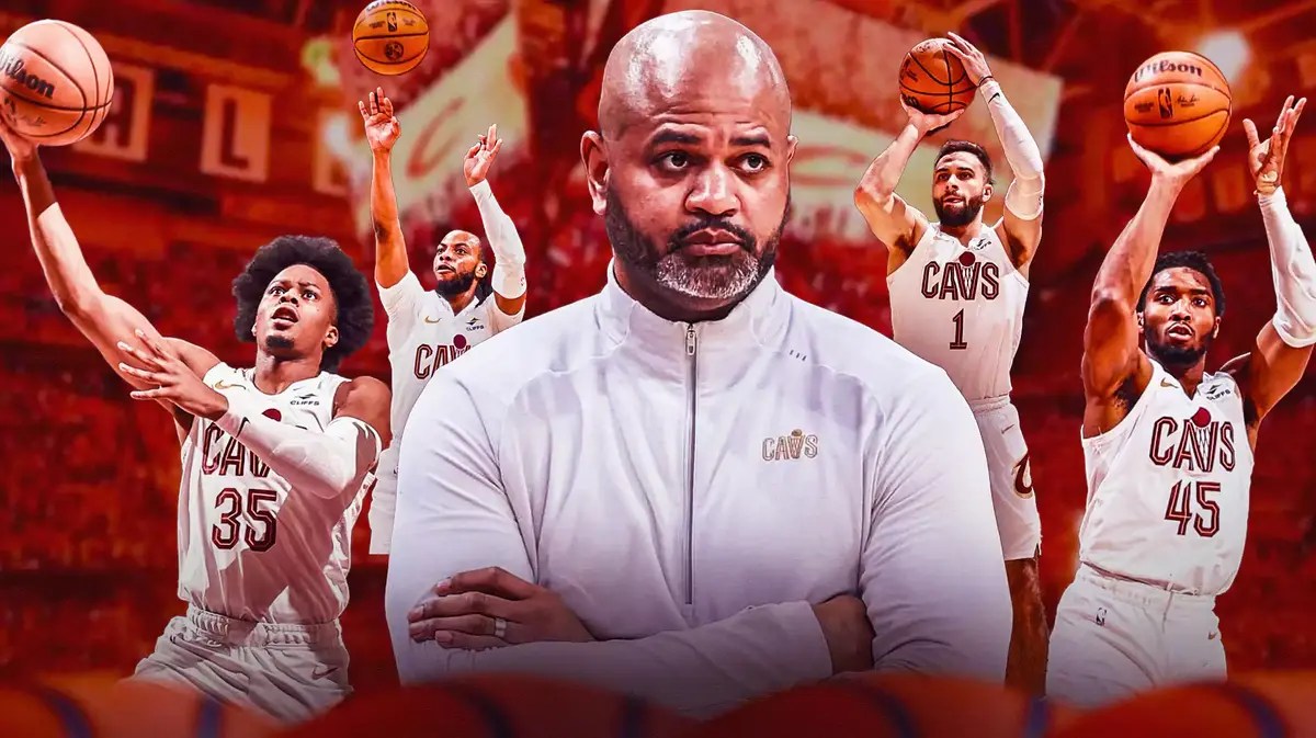 Cleveland Cavaliers head coach J. B. Bickerstaff and guard Donovan Mitchell (45) talk in the third quarter of game one of the 2023 NBA playoffs against the New York Knicks at Rocket Mortgage FieldHouse.