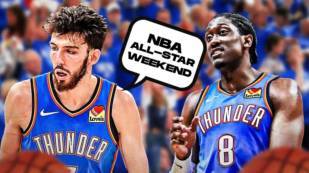 Thunder players Chet Holmgren and Jalen Williams with "NBA All-Star" Weekend sign between them.