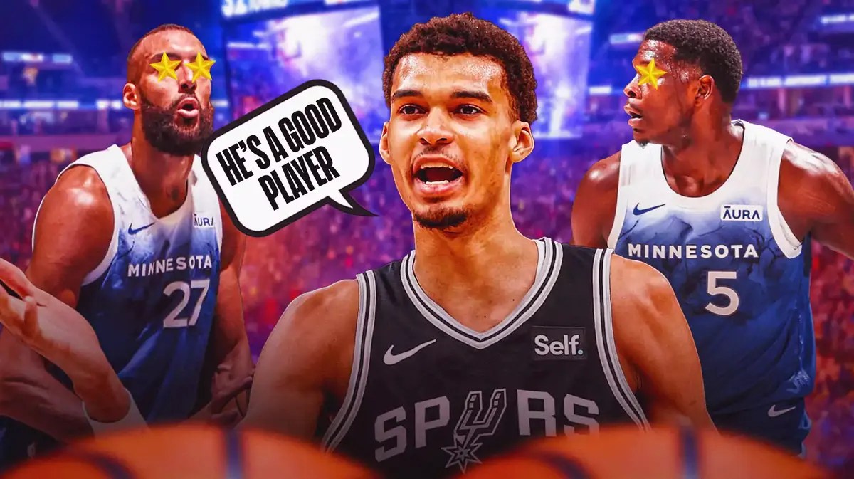 Spurs' Victor Wembanyama with Timberwolves' Rudy Gobert and Anthony Edwards