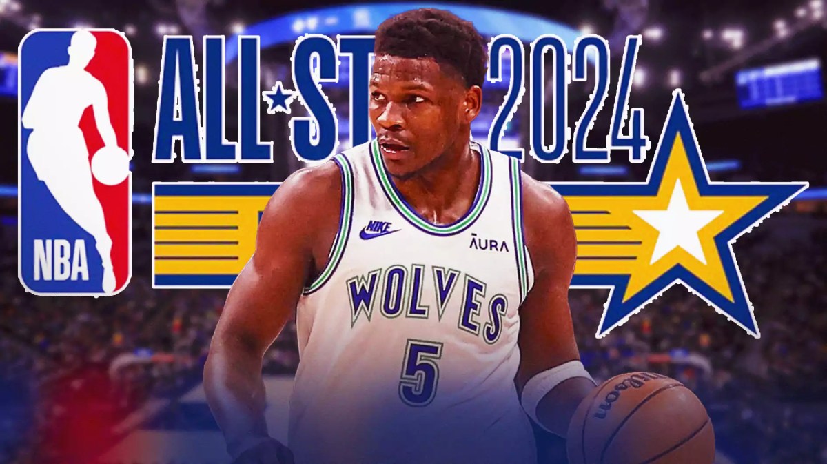 Anthony Edwards with the Timberwolves arena in the background, also have the 2024 NBA All-Star Weekend logo, Skills Challenge