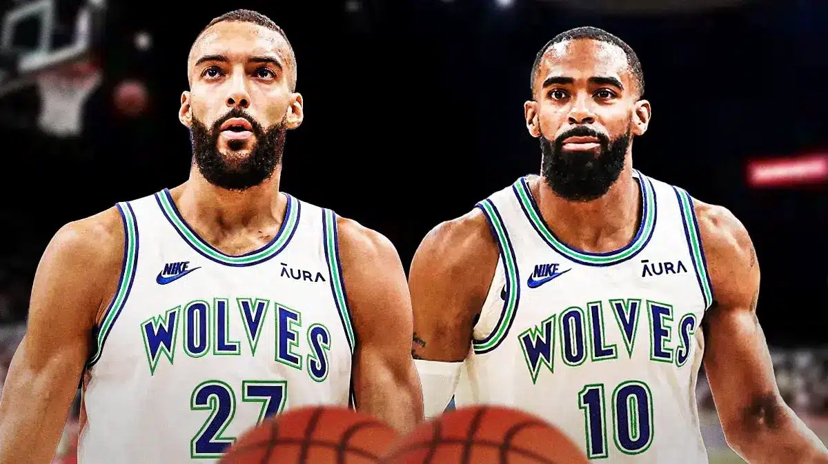 Minnesota Timberwolves stars Rudy Gobert and Mike Conley in front of the Target Center.