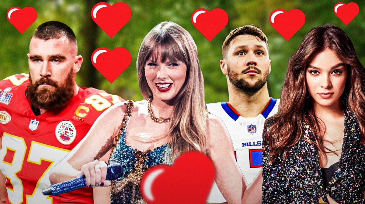 Travis Kelce, Taylor Swift, Josh Allen, and Hailee Steinfeld all surrounded by hearts.