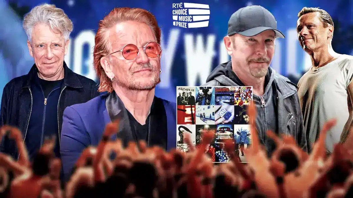 U2 Adam Clayton, Bono, The Edge, and Larry Mullen Jr. with Achtung Baby album cover and Choice Music Prize logo.
